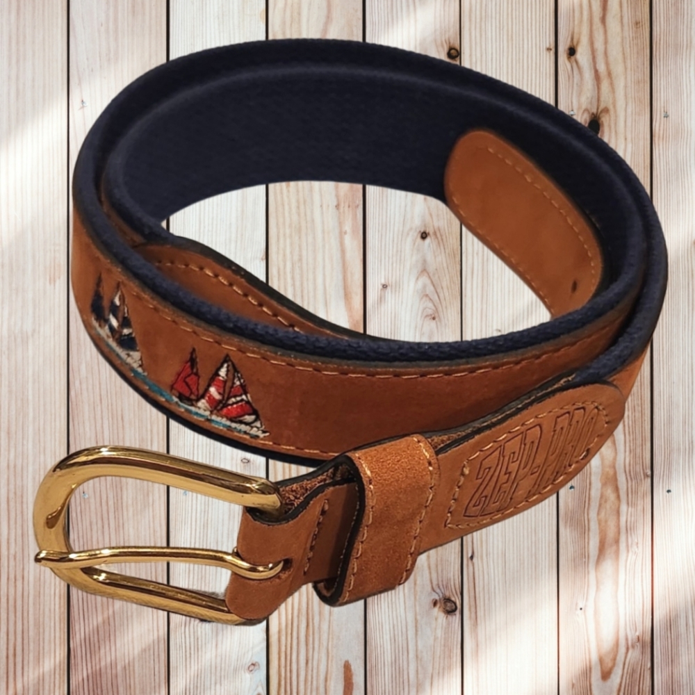 Zep Pro SAILBOAT CANVAS LEATHER BELT‎ BRASS MADE IN USA NAVY BROWN  Size 34